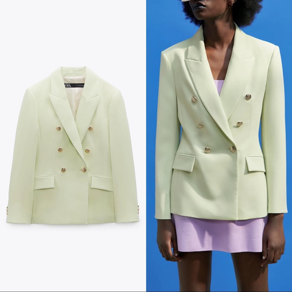 ZARA NWT Size XL - Tailored Double Breasted Blazer Lemon Green
